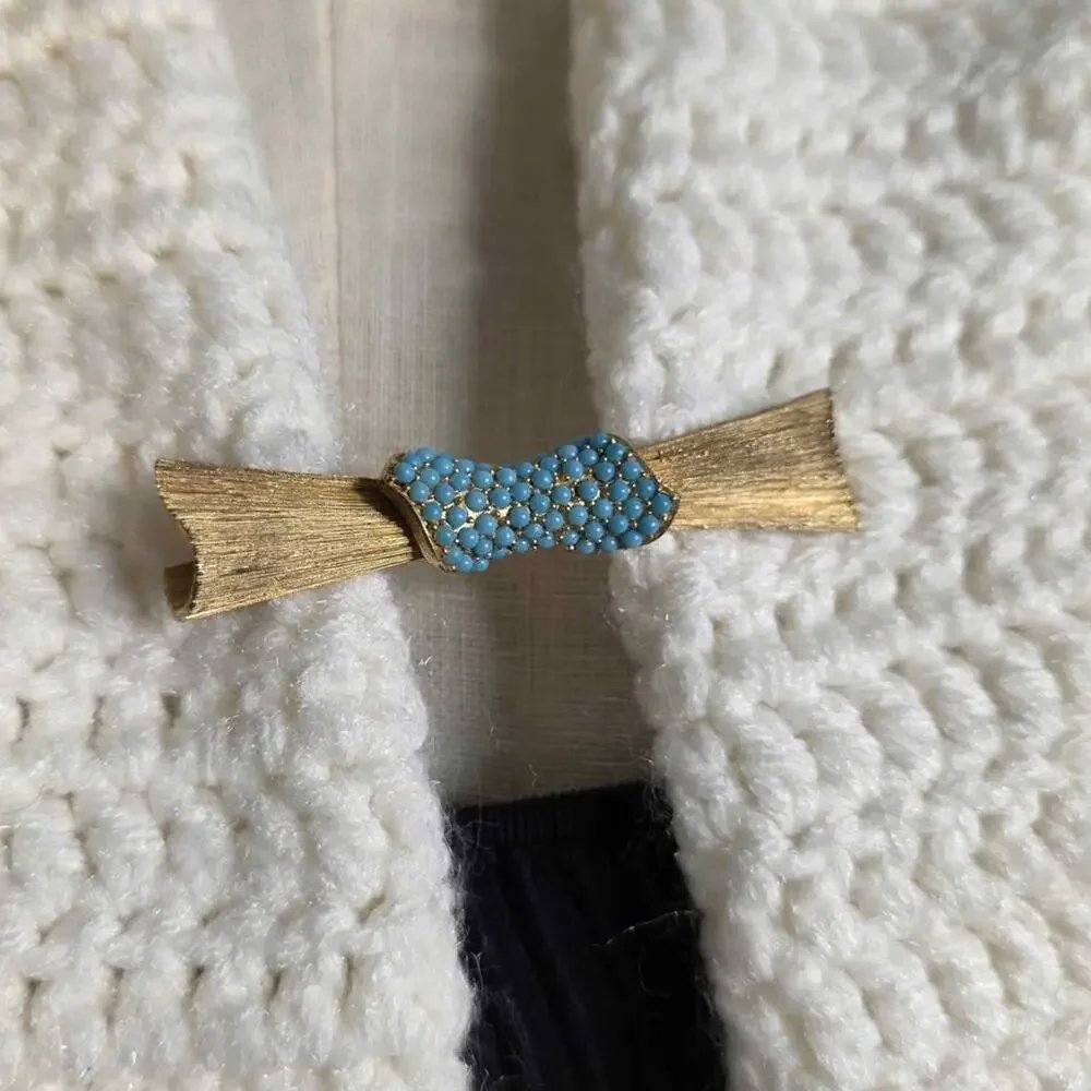Vintage Gold Tone Brooch Blue Bow Mid Century Retro Unsigned